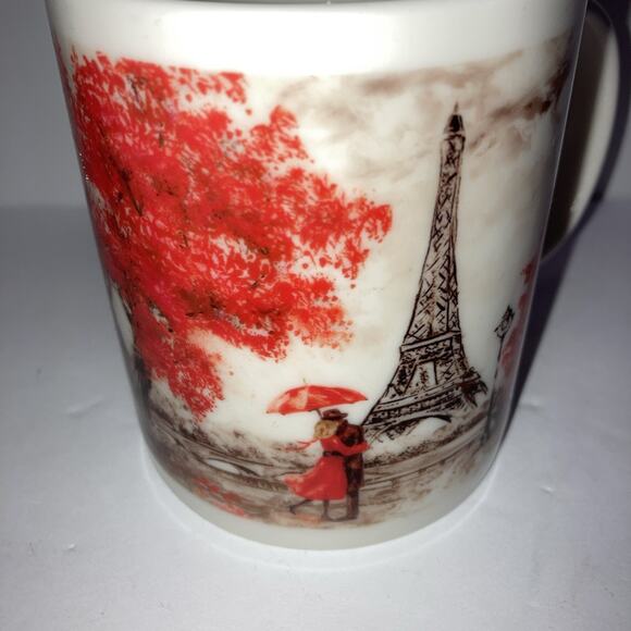 Paris France Eiffel Tower Coffee Mug Cup Couple Red Umbrella Red Blooms on Tree - Picture 1 of 6